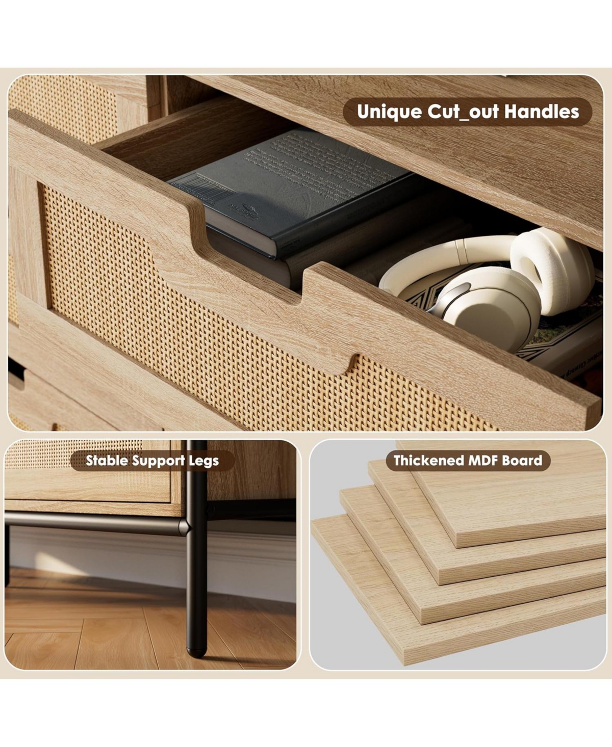 gaomon Rattan Drawer Dresser for Bedroom, Modern Farmhouse Wooden Storage Cabinet with