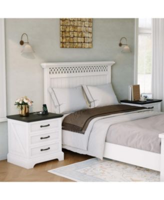 Modern Farmhouse Wood Nightstand Set of 2 with Charging Station & 3 Large Drawers