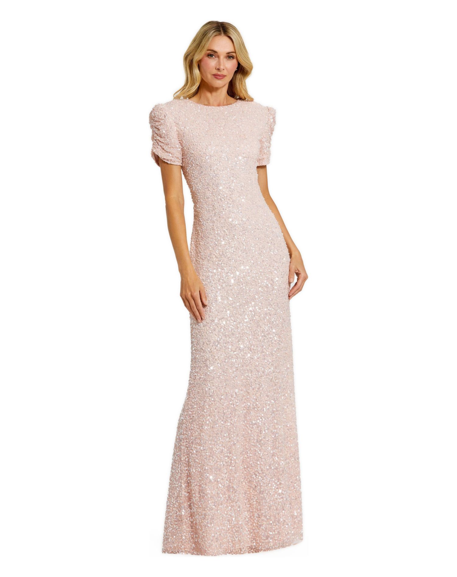 Women's Petite Gathered Short Sleeve Beaded Gown