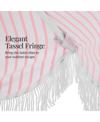 9ft Fringe Market Umbrella - Boho Patio Sunshade w/ Tilt, UPF50+, Steel Pole for Table, Pool, Deck