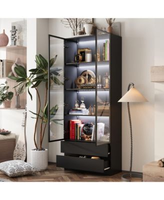 Display Cabinet with 2 Glass Doors and Lights, 4-Tier Storage Shelves and 2 Drawers