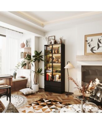 Display Cabinet with 2 Glass Doors and Lights, 4-Tier Storage Shelves and 2 Drawers