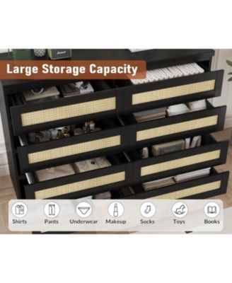 Rattan Dresser for Bedroom, Modern 8 Drawer Wooden Dresser Chest, Wide Wood Beside Table for Closet, Nursery, Living Room and Entryway