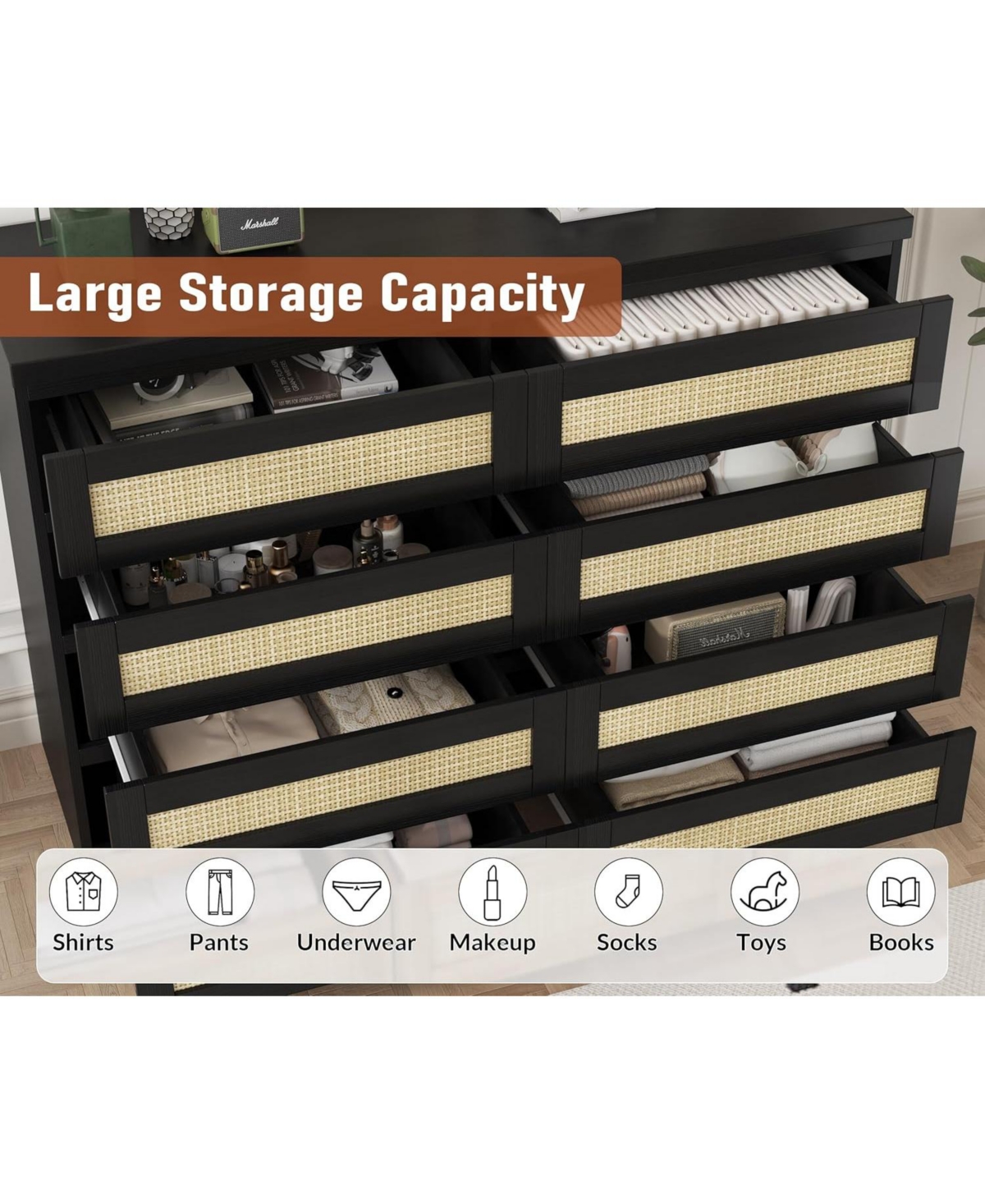 gaomon Rattan Dresser for Bedroom, Modern 8 Drawer Wooden Chest, Wide Wood Beside Table Closet, Nursery, Living Room and Entryway