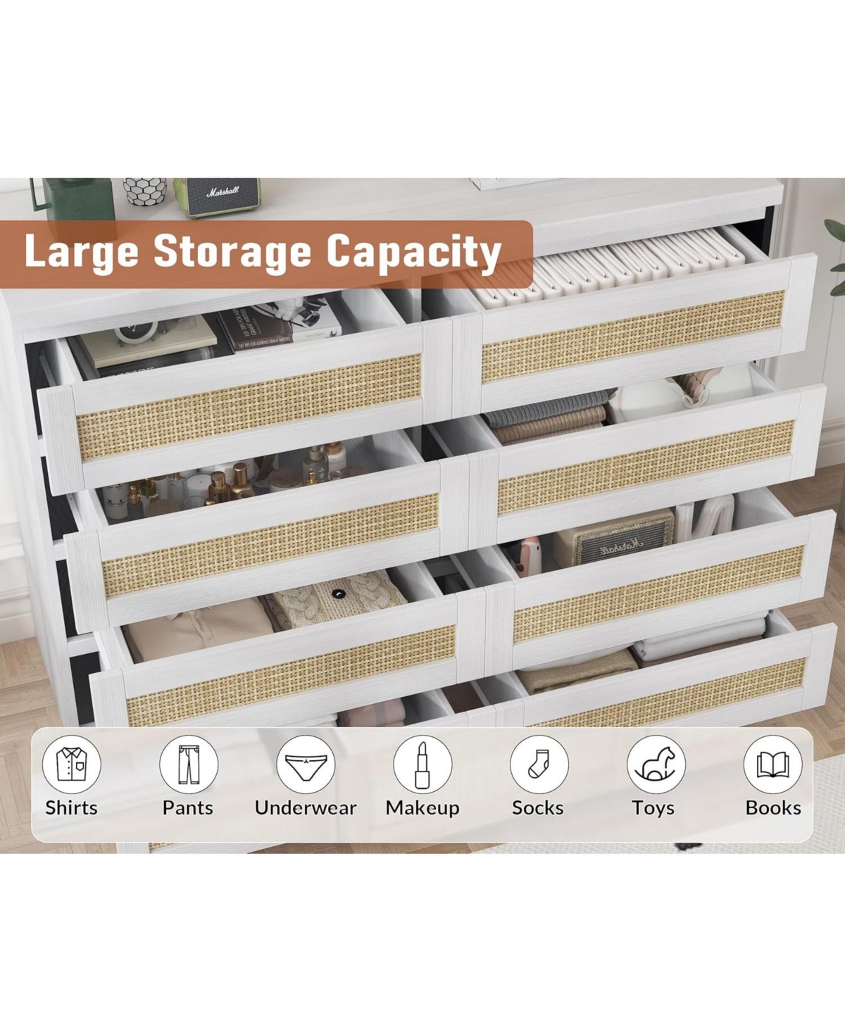 gaomon Rattan Dresser for Bedroom, Modern 8 Drawer Wooden Chest, Wide Wood Beside Table Closet, Nursery, Living Room and Entryway