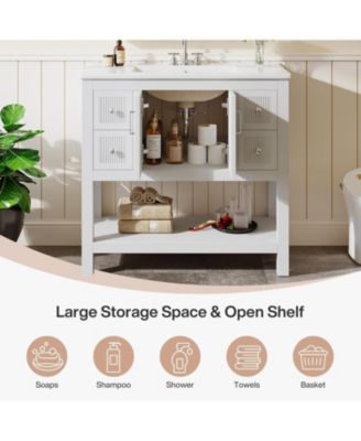 36" Bathroom Vanity with Sink, Modern Freestanding Vanity with Ceramic Porcelain Basin, 2-Door Storage Cabinet & Open Shelf