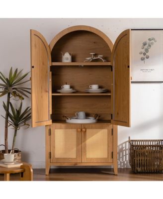 Arched Kitchen Pantry Cabinet, 63.39" Tall Arched Bookcase Rattan Storage Cabinet with Doors Adjustable Shelves