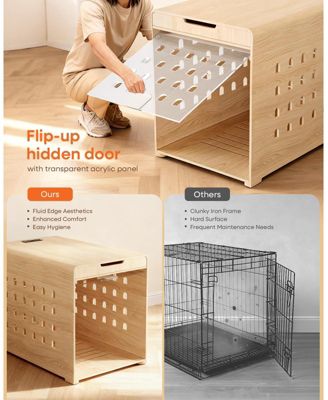 37-Inch Oak Dog Crate Furniture with Charging Station, Large Indoor Wood Kennel Side Table with Flip Up Acrylic Door