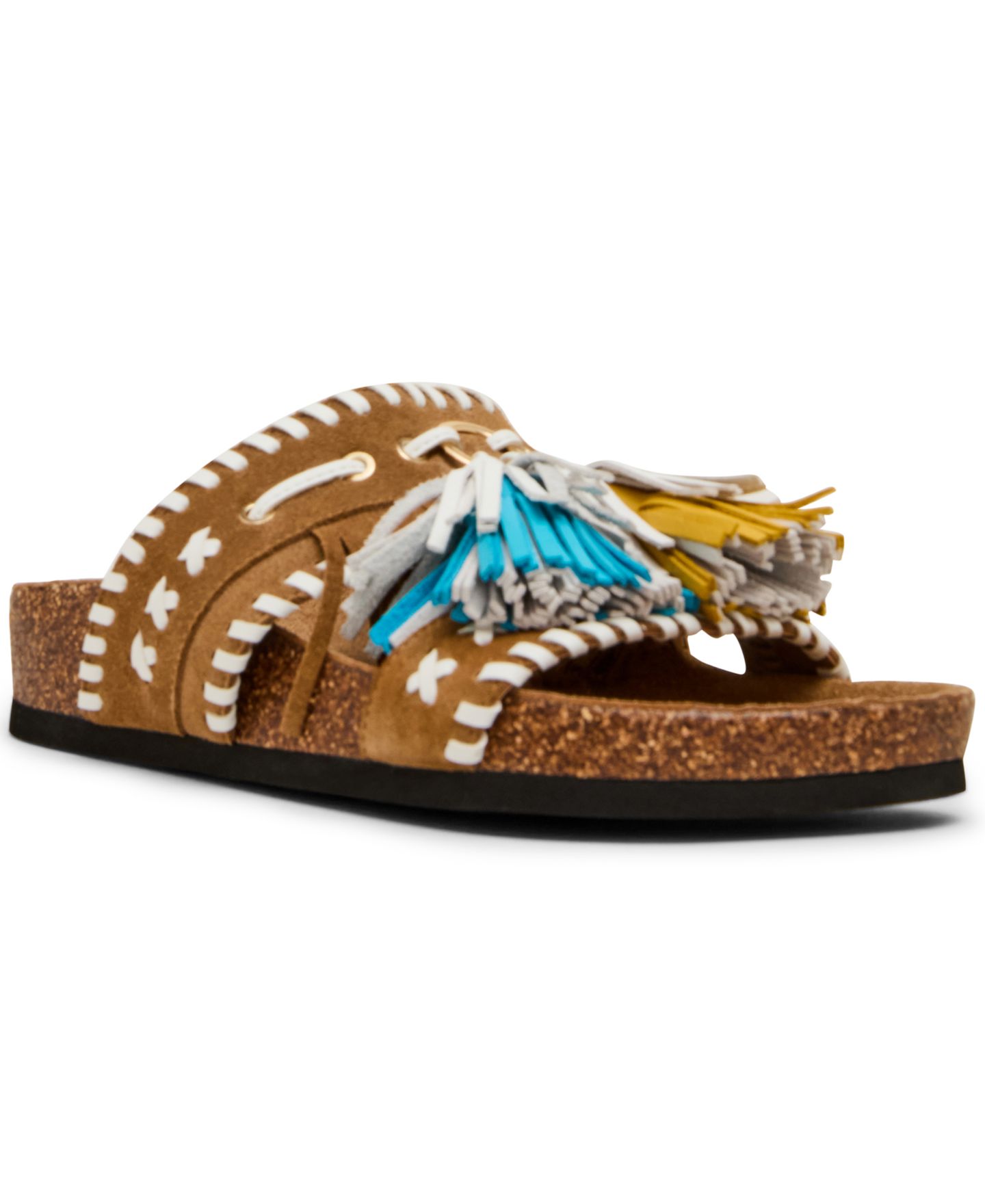 Женские сандалии Steve Madden Lester Tassel Footbed Slip-On Slide, цвет: Рыжевато-коричневый замшевый разноцветный — фото 1