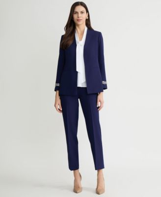 Women's Stretch Crepe Collarless Embellished Bracelet-Sleeve Jacket