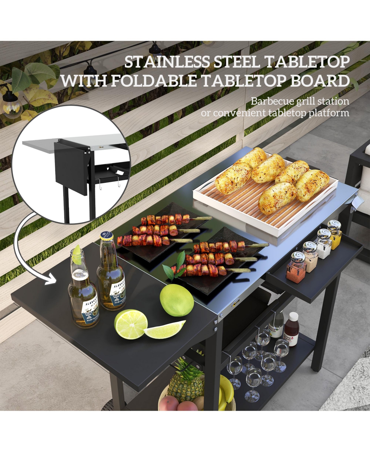 Outsunny Outdoor Bar Cart w/ 2-Tier Shelf, Patio Serving Cart w/ Wheels