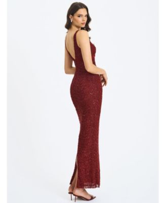 Women's Elora Crimson Sequin Beaded Keyhole Maxi Dress