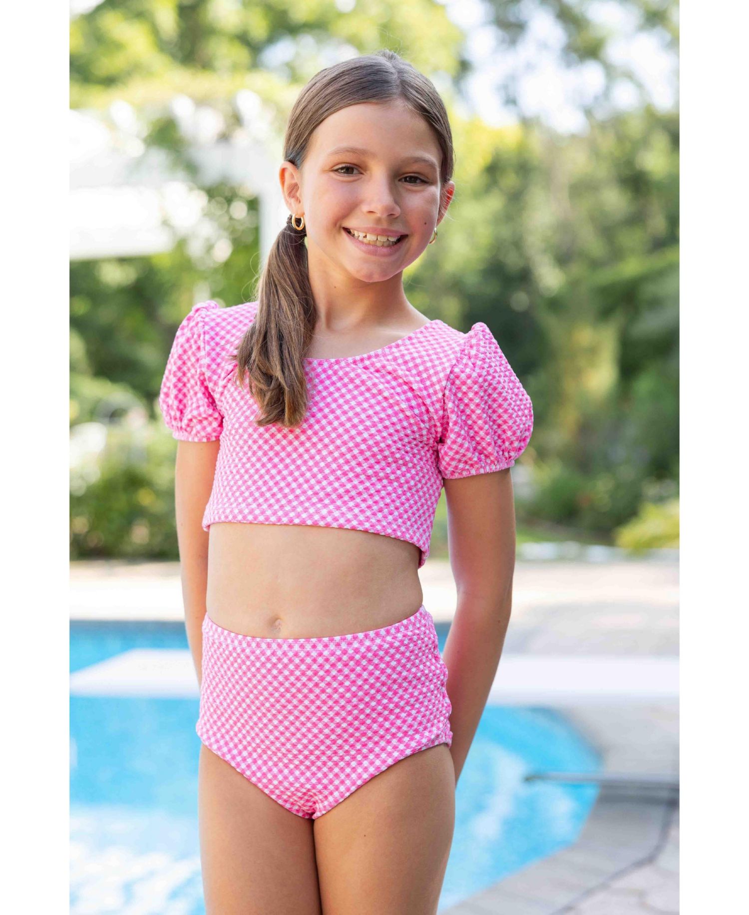 Big Girls Gingham Puff Sleeve Bikini