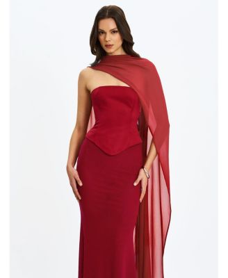 Women's Giselle Crimson Peplum Mermaid Gown with Chiffon Scarf