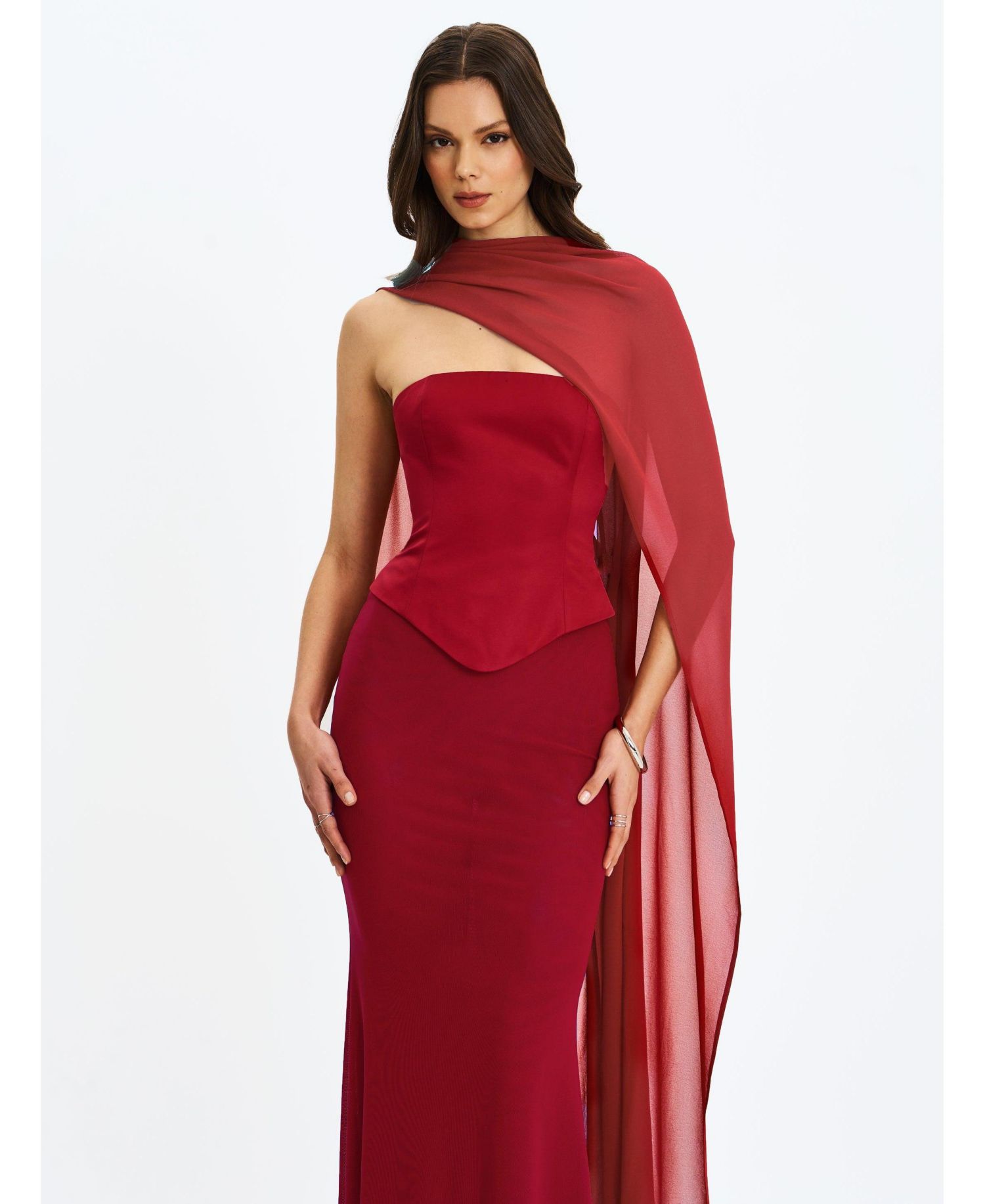 Women's Giselle Crimson Peplum Mermaid Gown with Chiffon Scarf