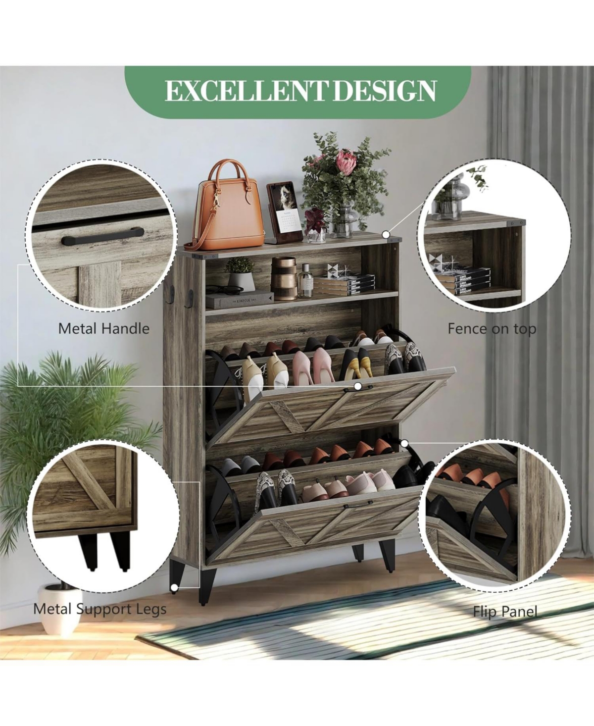 Gamon Shoe Storage Cabinet with 2 Flip Drawers, Freestanding Shoe Organizer, Narrow Shoe Rack Cabinet, Shoe Cabinet Storage