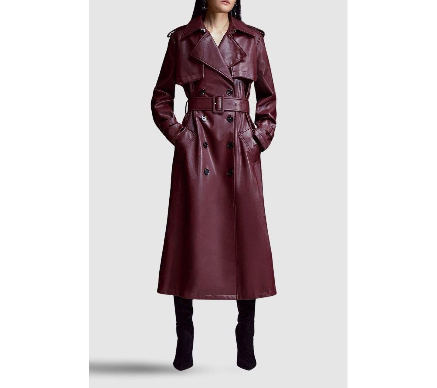Женское пальто Karen Millen Tailored Faux Leather Belted Trench, цвет: Тёмно-бордовый — фото 8
