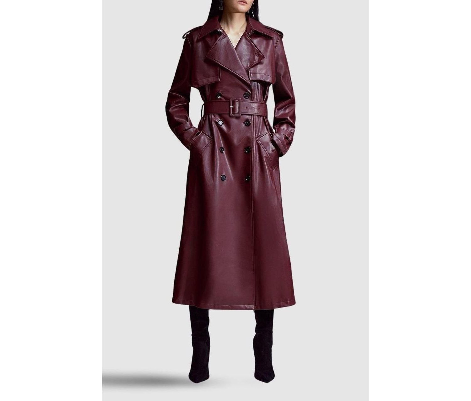 Women's Tailored Faux Leather Belted Trench Coat