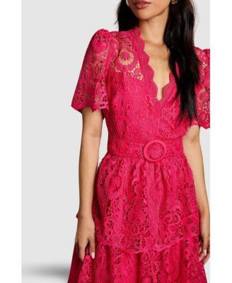 Women's Short Sleeve Tiered Lace Midi Dress