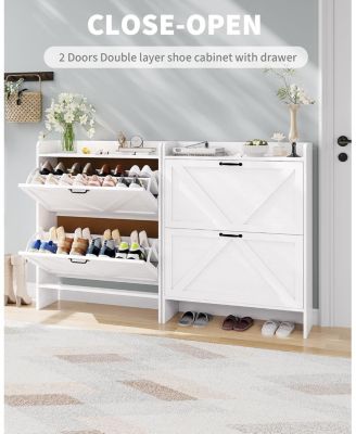 Shoe Cabinet Organizer with 2 Flip Drawers, Freestanding Narrow Shoe Rack for Entryway, Freestanding Hidden Shoe Storage Cabinet for Entryway