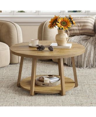 Round Coffee Table with Storage, 2-Tier 31.5" Center Table with Wooden Legs for Living Room & Bedroom