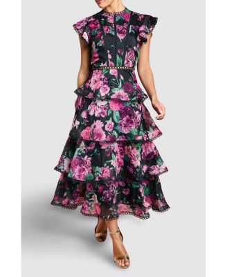 Lace Trim Tiered Organza Midi Dress