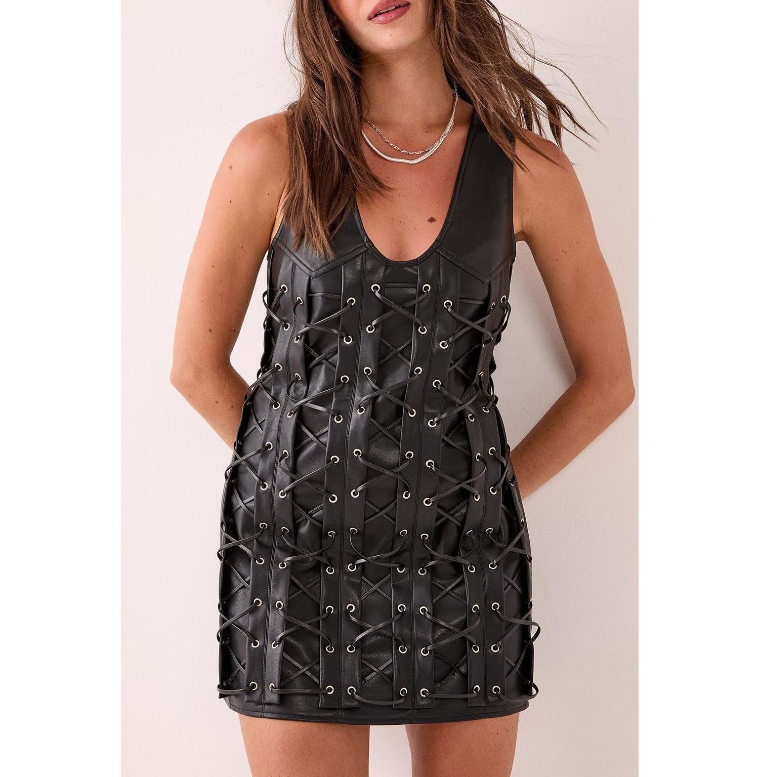Women's Eyelet Lace Up Faux Leather Mini Dress