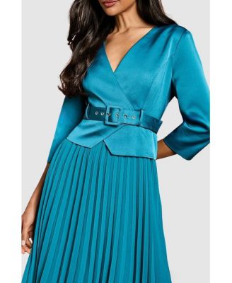 Women's Satin Bodice Pleat Skirt Midi Dress.