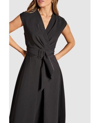 Women's Belted Crepe V-Neck Midi Dress