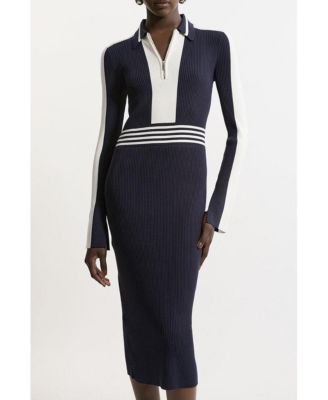 Women's Rib Knit Polo Zip Up Midi Dress