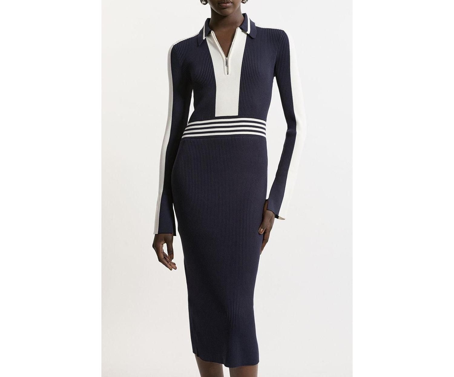 Women's Rib Knit Polo Zip Up Midi Dress