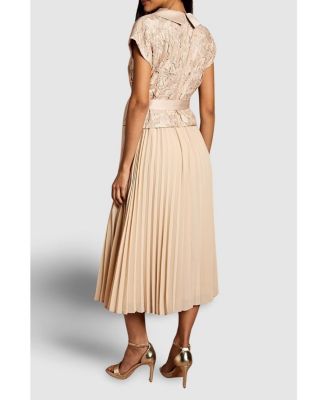 Women's Lace Wrap Top Pleat Tux Midi Dress