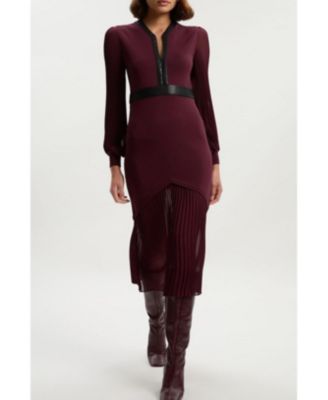 Women's Pu Trim Woven Sleeved Pleated Dress