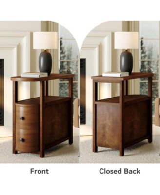 Solid Wood End Table with 2 Drawers & Open Shelf, No Assembly Required Side Table, Vintage Brown Slim Bedside Table Nightstand