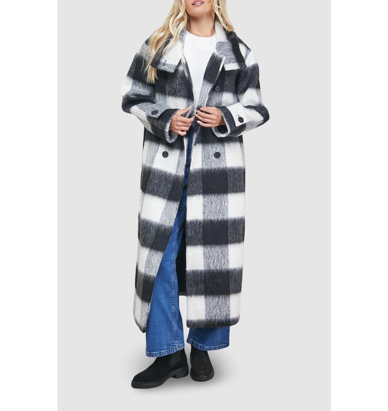 Women's Brushed Check Funnel Neck Coat