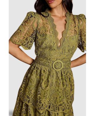 Women's Short Sleeve Tiered Lace Midi Dress