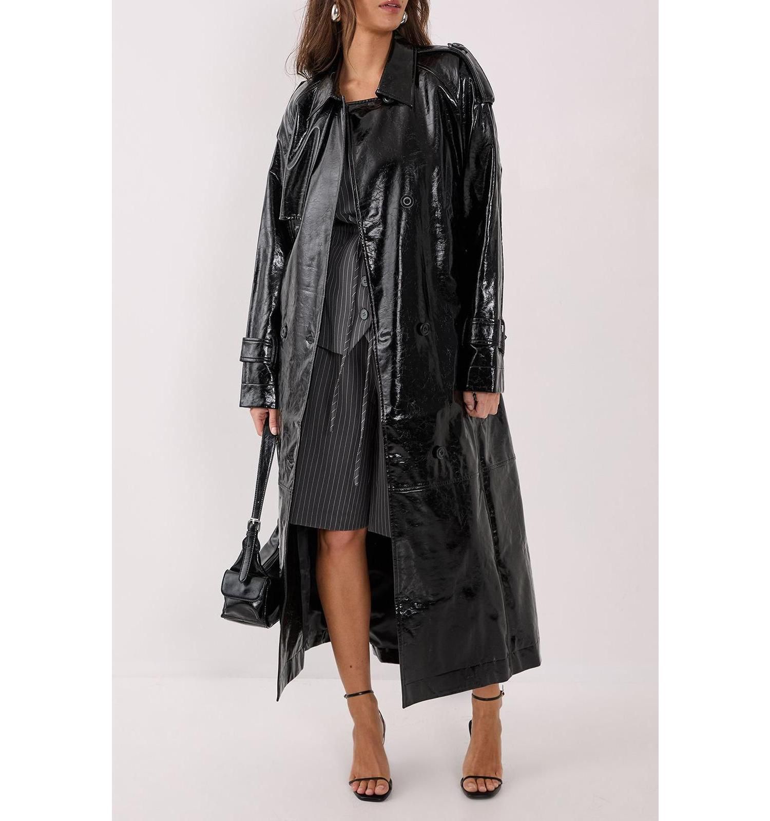 Women's High Shine Faux Leather Trench Coat