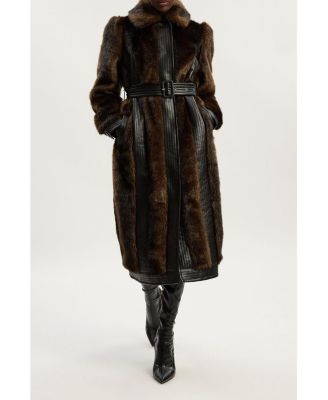 Women's Faux Fur PU Panelled Belted Midi Coat