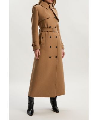 Women's Wool Mix Belted Trench Maxi Coat.