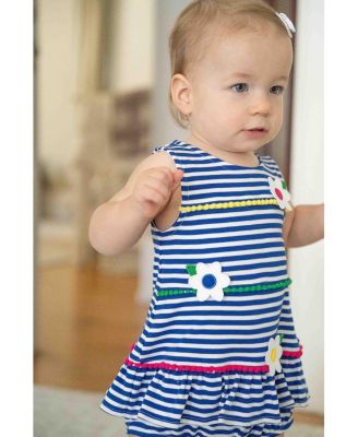 Baby Girl Stripe Knit Romper With Pom Poms & Flowers