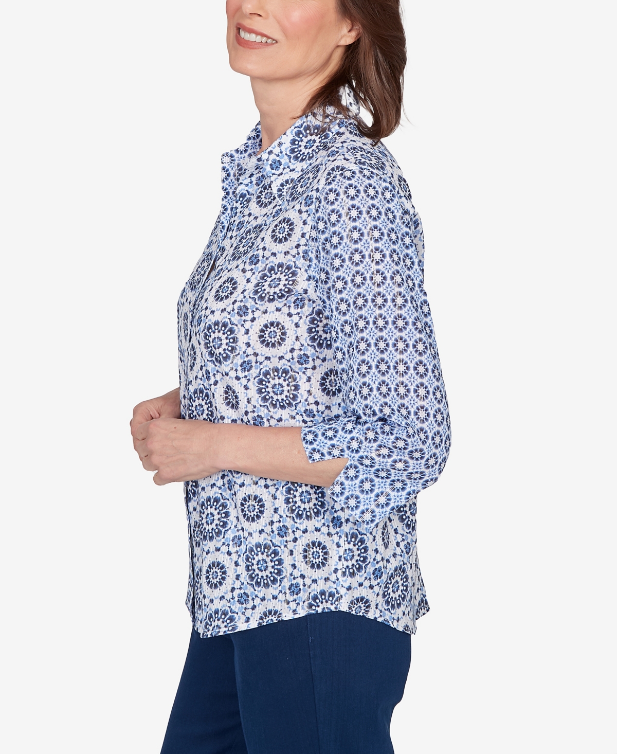 Alfred Dunner Women's Mykonos Geometric Button Front Collared Top