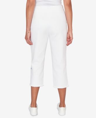 Women's  Mykonos Floral Embroidered Fringe Super Stretch Denim Capri