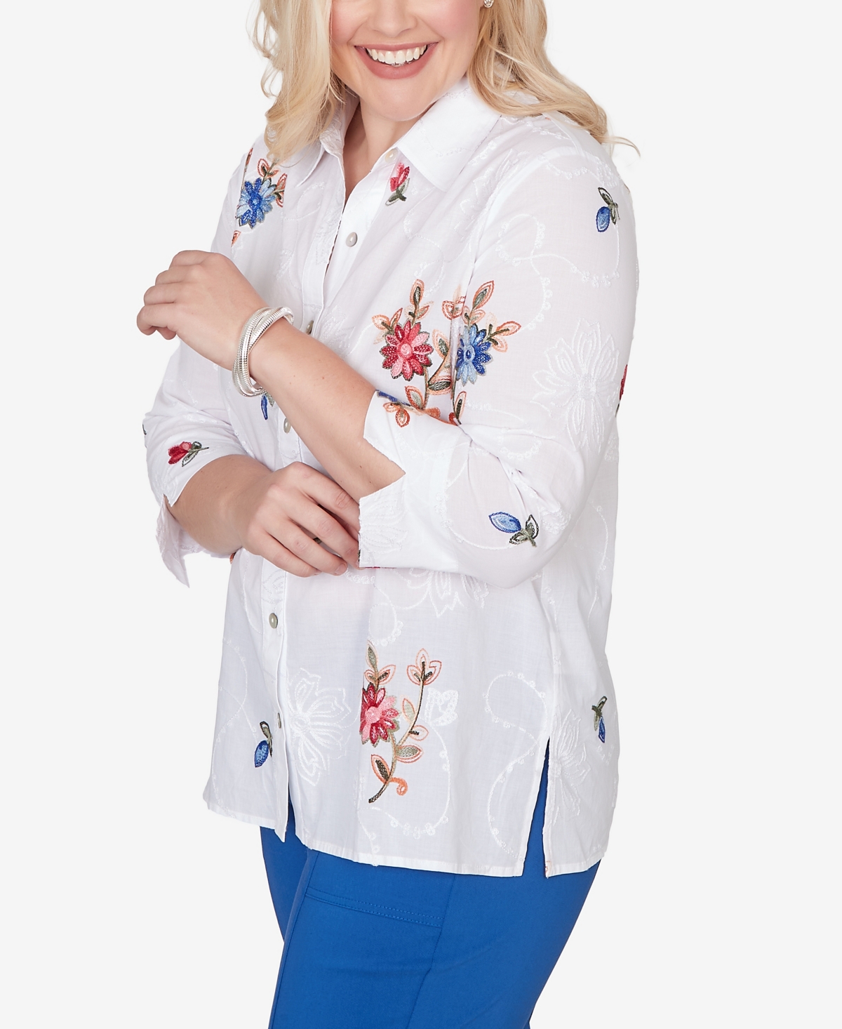 Alfred Dunner Women's The Royal Treatment Embroidered Flower Collared Button Front Top