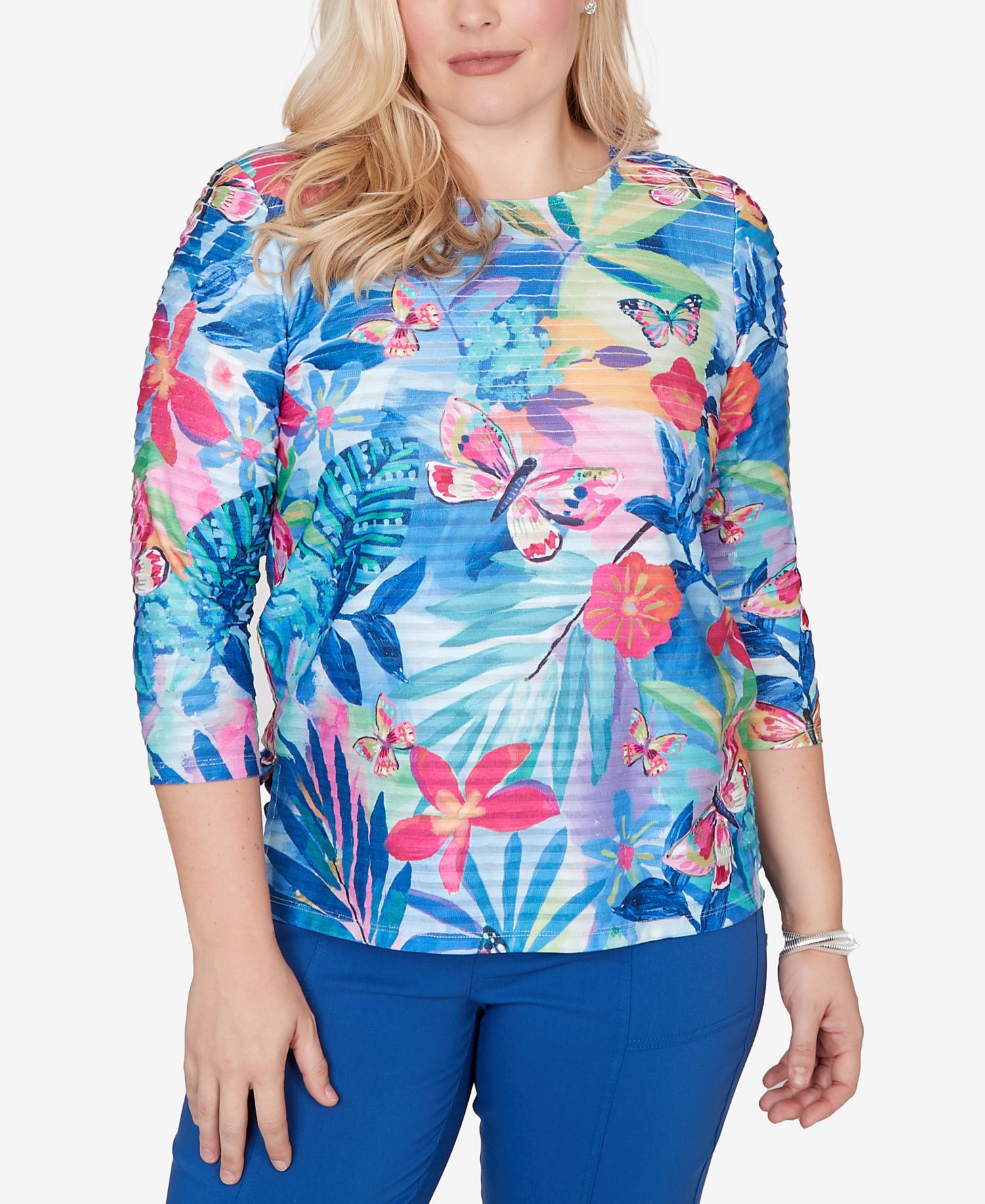Women's The Royal Treatment Tropical Butterfly Ruffle Textured Top