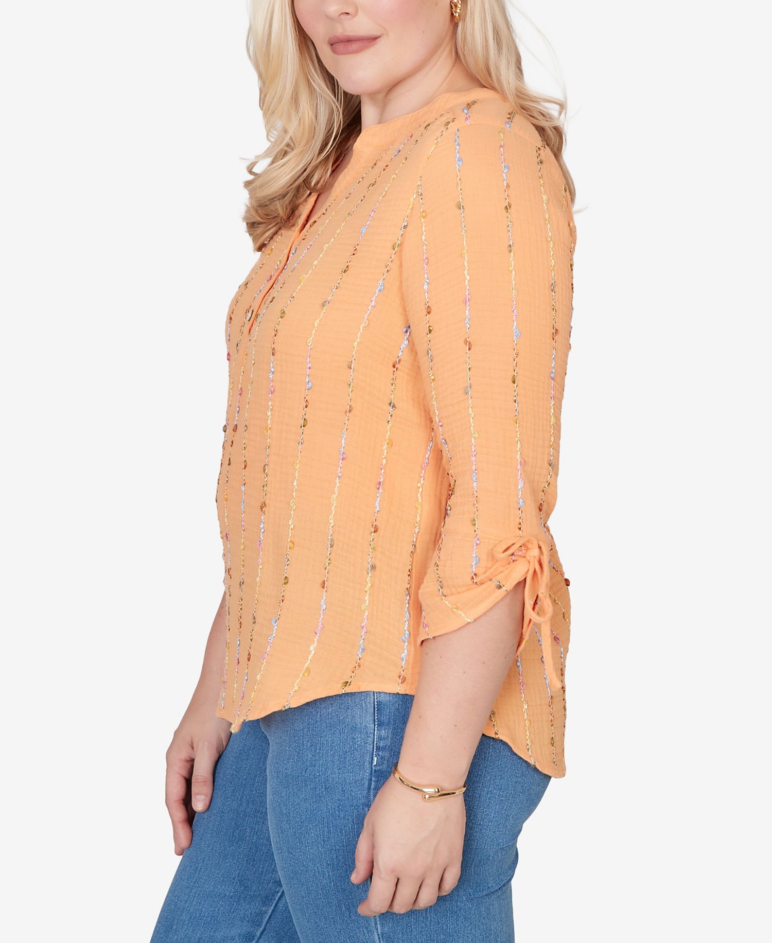 Women's Beachcomber Eyelash Gauze Textured Tie-Sleeve Henley Top