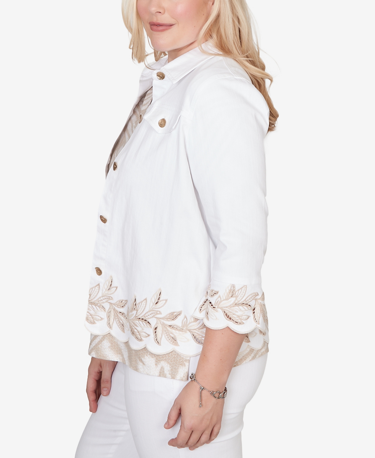 Alfred Dunner Women's Natural Wonder Leaf Cutout Embroidered Shirt Jacket