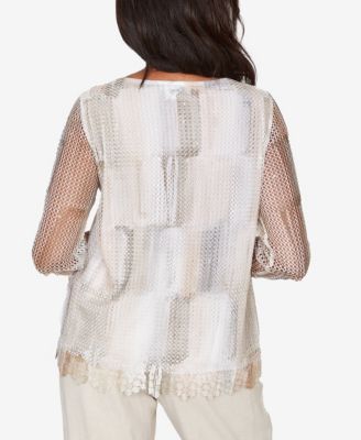Women's  Natural Wonder Neutral Brushstrokes Mesh Top