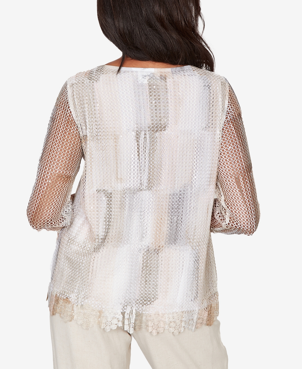 Alfred Dunner Women's Natural Wonder Neutral Brushstrokes Mesh Top