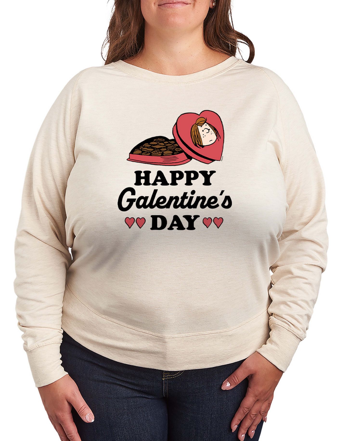 Women's Peanuts Peppermint Patty Happy Galentines Day French Terry Long-Sleeve T-Shirt