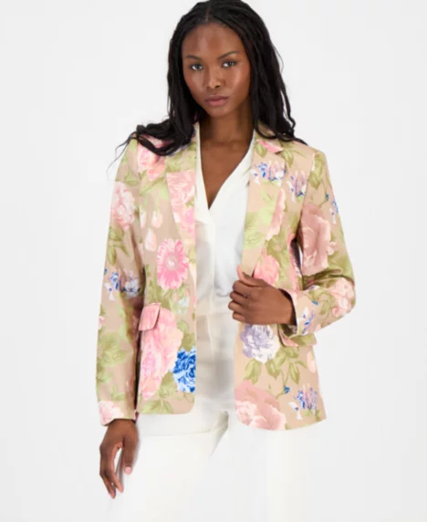 Petite Printed Sateen One-Button Blazer - Taupe/Multi
